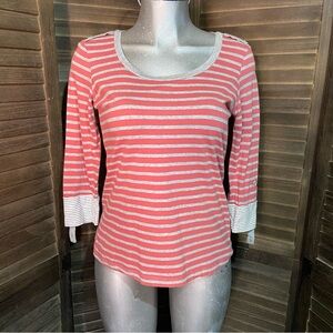 Aventura Striped Coral/White Top Tee 3/4 Slv Organic Cotton Scoop Neck Boho Med